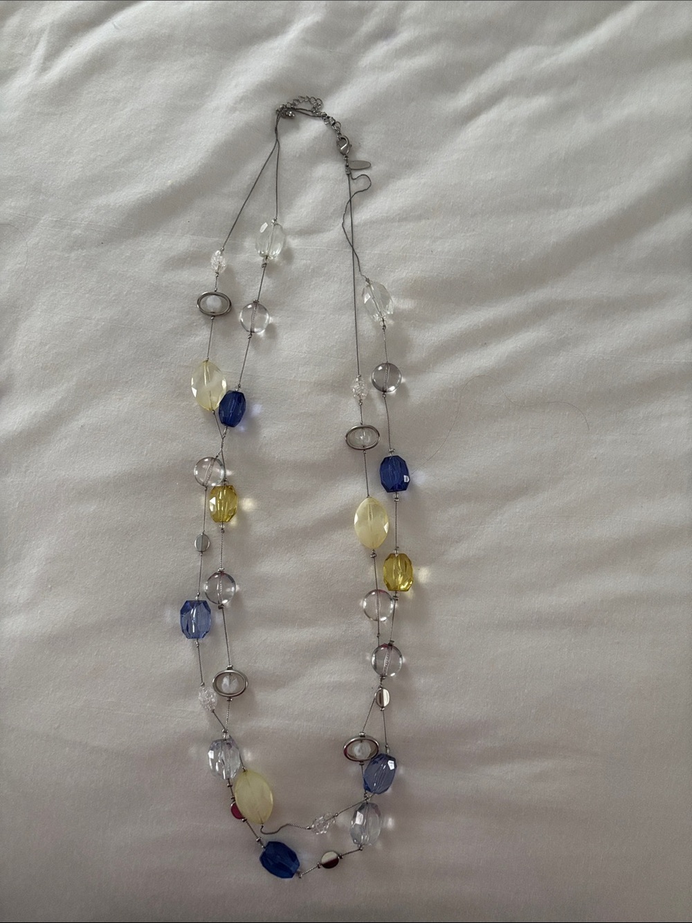 Long Multi-Bead Necklace in Blue, Yellow and Clear - Women Jewelry